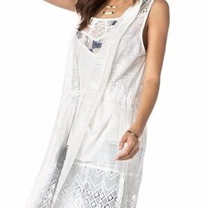 NWT Miss Me White Crochet Lace SIvless Hooded Open Duster Top w/Pockets S